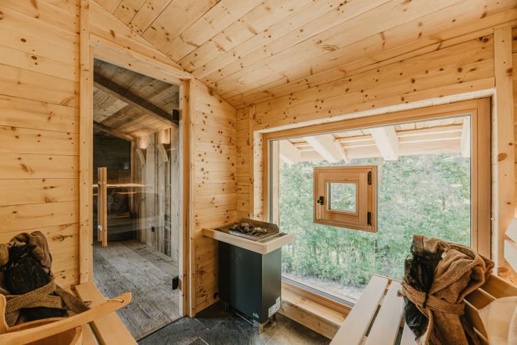 Private sauna in the chalet with forest view